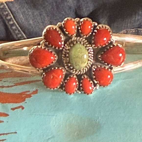 Beautifully Crafted Coral and Green Turquoise Cuff Bracelet 
Sterling Silver - Picture 2 of 7